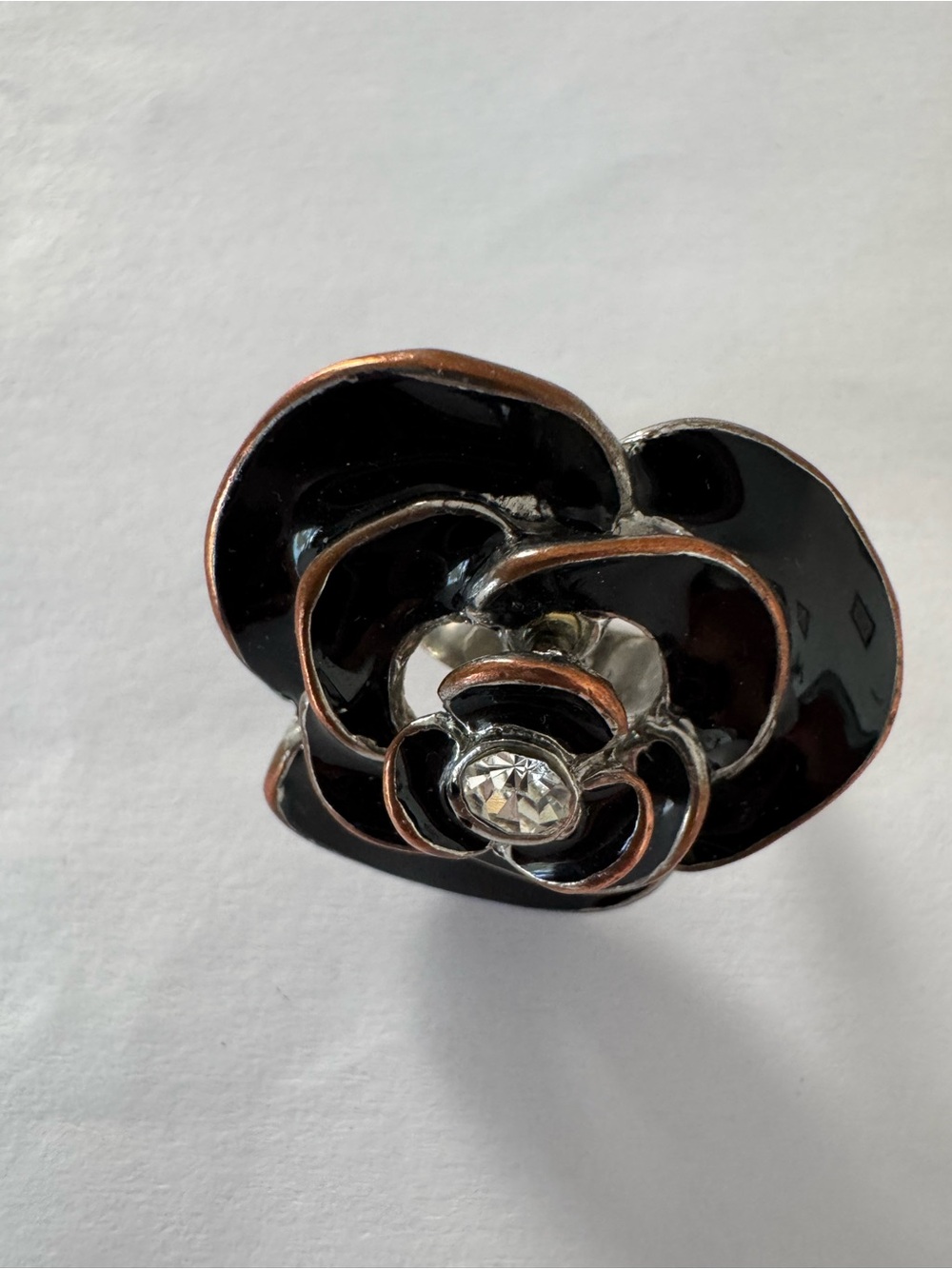 Vintage Style Black Enamel Flower Ring Rhinestone Center - Picture 2 of 6